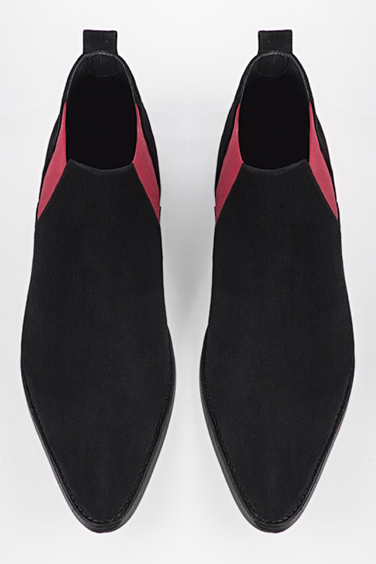 Matt black and cardinal red dress ankle boots for men. Tapered toe. Flat leather soles. Top view - Florence KOOIJMAN